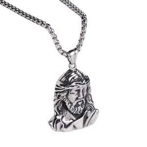 Silver Jesus relief pendant necklace in stainless steel with square pearl chain for men