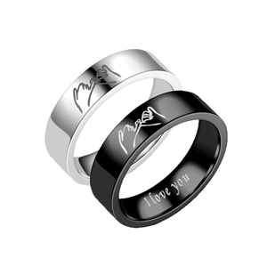 Titanium steel couple rings in silver and black with I Love You and hand gesture engraving