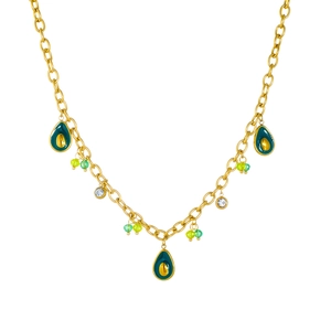 Collier en acier doré avec pendentifs avocat en émail vert et petits cristaux brillants