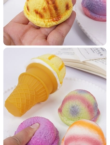 Vue détaillée de jouets spongieux en PU en forme de glaces colorées sur un plateau blanc