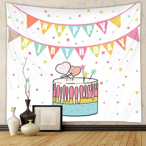 Detail of Happy Birthday tapestry with colorful cake and flags for wall decoration