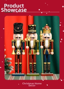 Three handcrafted 38cm wooden nutcracker soldiers with glitter trim on festive background
