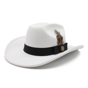 Chapeau De Cowboy Fedora Rétro En Feutre De Laine Décor De Plumes Large Bord Style Britannique Pour Hommes Femmes