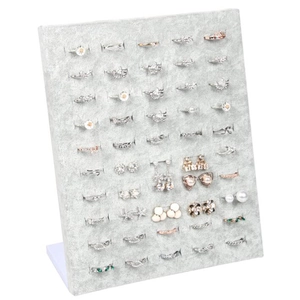 Gray velvet jewelry display board for 50 rings and earrings with L-shaped stand