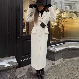 Chic white long wool coat for women with a notched lapel and slim waist tailoring