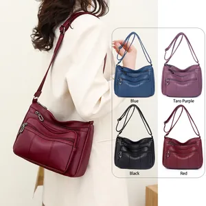 Women's vintage soft leather crossbody bag with multiple zippers in diverse colors