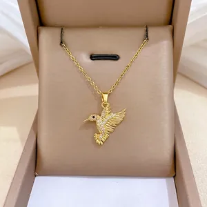 Hummingbird Pendant Necklace Gold Plated Stainless Steel Chain Copper Micro Inlaid Zircon Dainty Jewelry Women