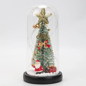 Detail of Christmas tree glass dome with LED lights, Santa figurine, and red gift box