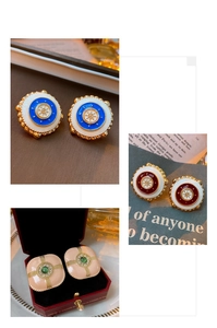 Detailed views of vintage enamel earrings in blue, red, and pink floral designs