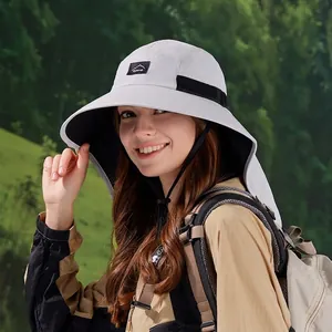 Outdoor light grey sun hat with neck flap and mountain logo for hiking and fishing