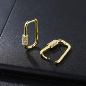 Fashionable gold rectangular U-shaped hoop earrings with micro-paved zircons for women