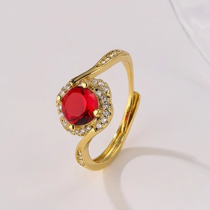 Luxury 18K gold plated ring featuring a large round red zircon and sparkling halo setting