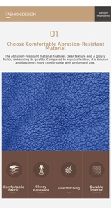 Detail of royal blue pebble leather texture with fine stitching and silver hardware