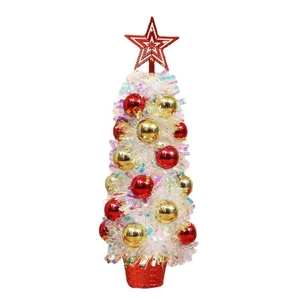 Mini white iridescent Christmas tree with red and gold baubles on a red base