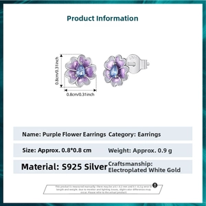 Detail of S925 sterling silver flower earrings with blue teardrop gemstone and platinum plating
