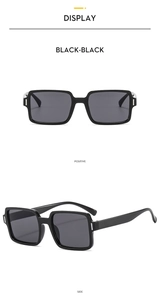 Detailed front and side views of stylish black square frame sunglasses with rice nails