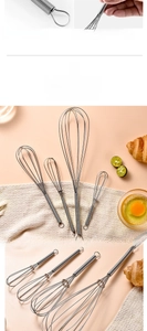 Close-up of stainless steel spring whisk with ergonomic handle and hanging hook