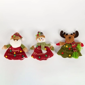 Cartoon Christmas plush gift bags set with Santa Reindeer and Snowman decorations