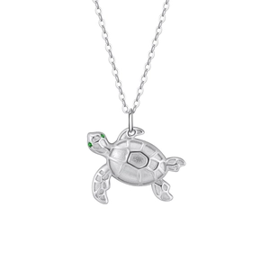 925 Sterling Silver Sea Turtle Pendant Necklace For Women Minimalist Animal Clavicle Chain With Green Rhinestone Eyes Inlaid Jewelry