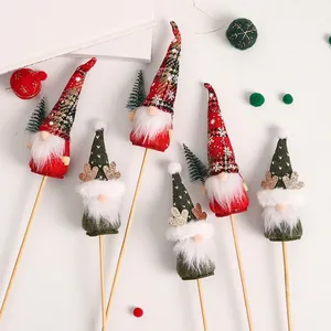 Christmas Gnome Santa Decorative Picks Felt Knit Plush Flower Bouquet Cake Topper Wood Stick Festive Party Ornament