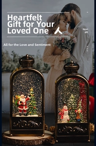 Close-up of vintage bronze Christmas lanterns with glowing Santa and snowman scenes