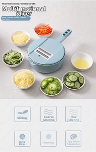 Multi-purpose blue vegetable slicer with 6 interchangeable stainless steel blades and strainer
