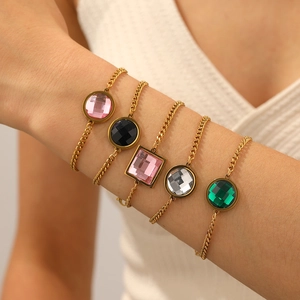 Stainless Steel Bracelet With 18K Gold Plated Colored Zircon Stones Round Square Geometric Fashion Jewelry For Women