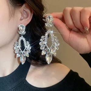 Boucles d'oreilles pendantes luxueuses en argent avec strass et zircons sur modèle