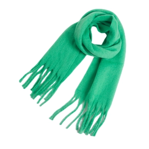 Detailed close-up of vibrant green mohair scarf featuring soft texture and long tassels