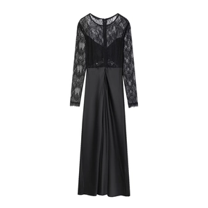 Elegant black lace long-sleeve maxi dress with satin skirt for evening parties