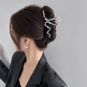 Y2K silver snake-shaped hair claw clip and geometric earrings worn on model in black leather
