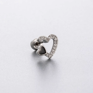Silver steel heart cartilage stud with black inlay and white zircon stones