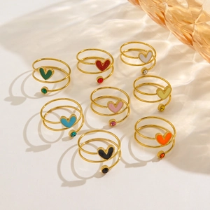 Minimalist Heart Open Ring Stainless Steel Enamel Rhinestone Adjustable Spiral Colorful Jewelry For Women