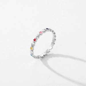 Bague en argent sterling S925 avec étoiles colorées en émail rose jaune et bleu