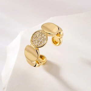 Geometric 18K gold plated ring with micro-pave cubic zirconia on round elements