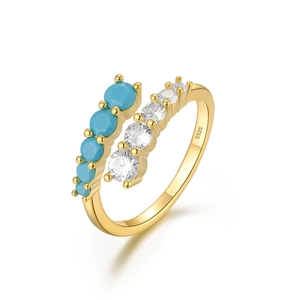 Close-up of S925 sterling silver ring with turquoise and zircon stones in gold finish