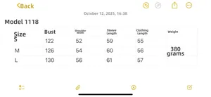 Size chart for striped crewneck knit sweater with bust, shoulder, and length measurements