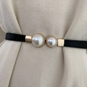 Elegant thin black waist belt for women with gold metal and double pearl buckle