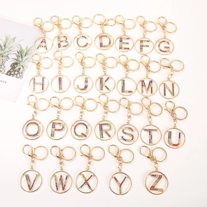 Fashionable Alloy Rhinestone English Alphabet Letter Keychain Colorful Inlaid Round Pendant For Bag Hanging Decor Gift