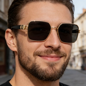 Close-up of golden metal frame square sunglasses with dark polarized lenses on model