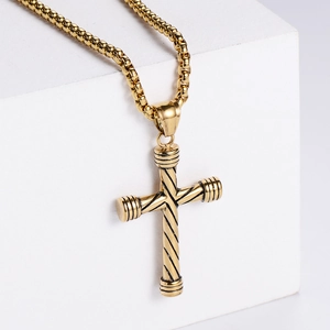 Hip hop style gold striped stainless steel cross pendant necklace with box chain