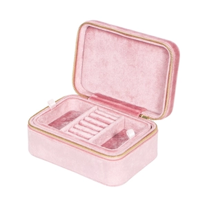 Pink velvet children's jewelry box with double layers and secure gold zipper closure