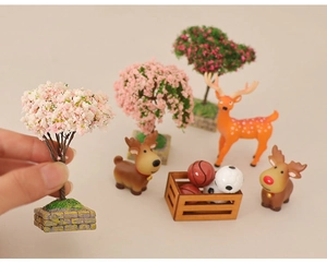 Miniature pink flower tree, deer figurines and tiny basketball kit for DIY dollhouse