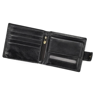 Detail view of leather wallet interior with card slots, zipper pocket and coin pouch