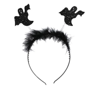 Halloween ghost headband with black feathers, sequins and spring-mounted ghost charms