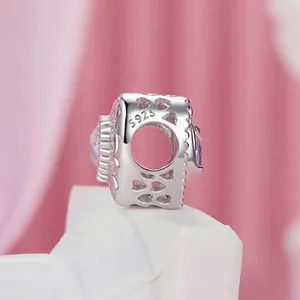 S925 sterling silver charm bead with purple gemstone and hollow heart decoration
