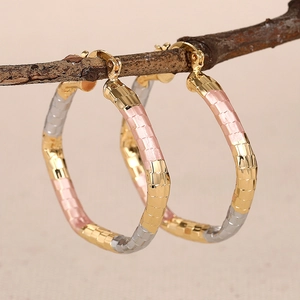 Exquisite Tri-color Geometric Hoop Earrings For Women Three-Tone Gold Silver Rose Gold Plated Copper Round Textured Circle Earrings Fashion Jewelry Gift