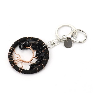 Handmade tree of life keychain with black gravel stones and a black suede leather cord
