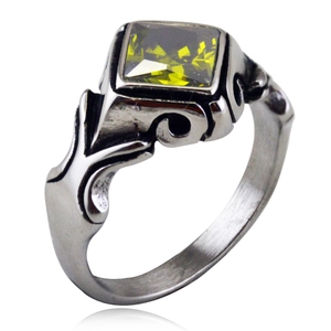 Vintage stainless steel ring with olive green square gemstone and retro engraved band