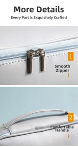 Detail view of smooth dual metal zippers and reinforced PU leather handle on cosmetic bag